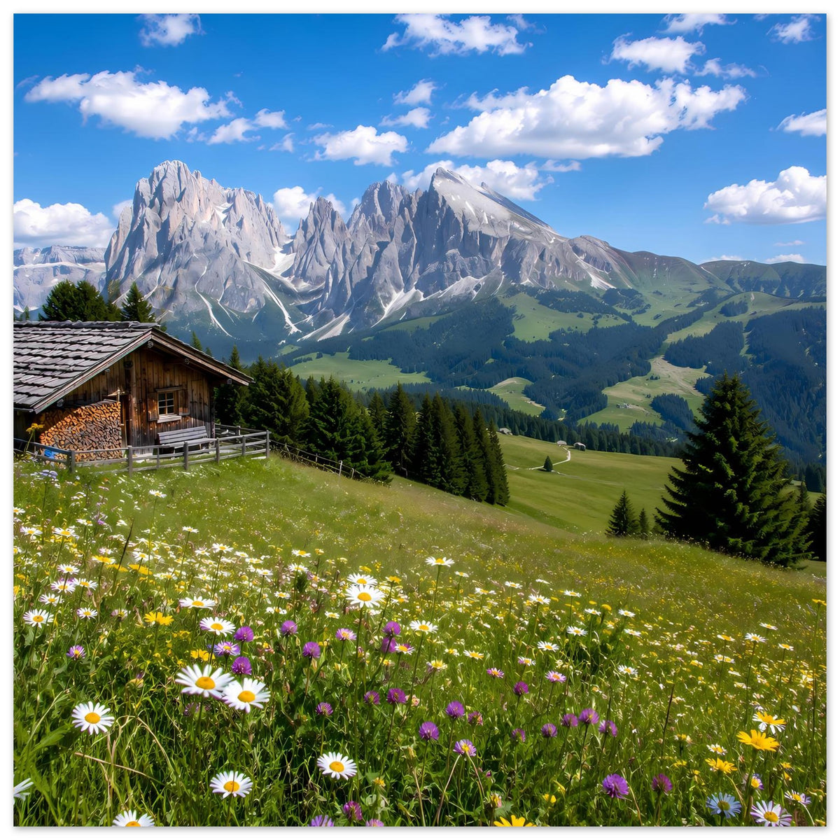Alpenpanorama-Poster mit schneebedeckten Bergen, Wiesenblumen und Holzhütte