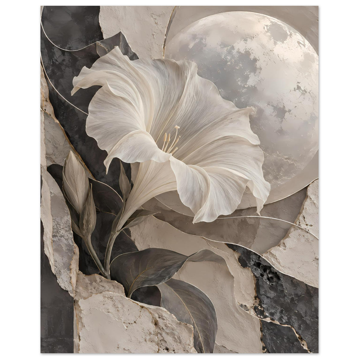 Kunstposter: weiße Blüte vor Halbmond, dunkle Blätter, marmorartige Flächen und Konturen