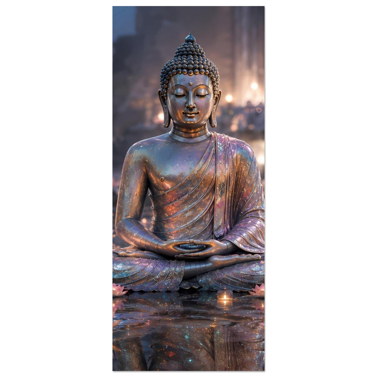 Vertikales Meditationsposter mit sitzendem Buddha und leuchtenden Lotusblüten