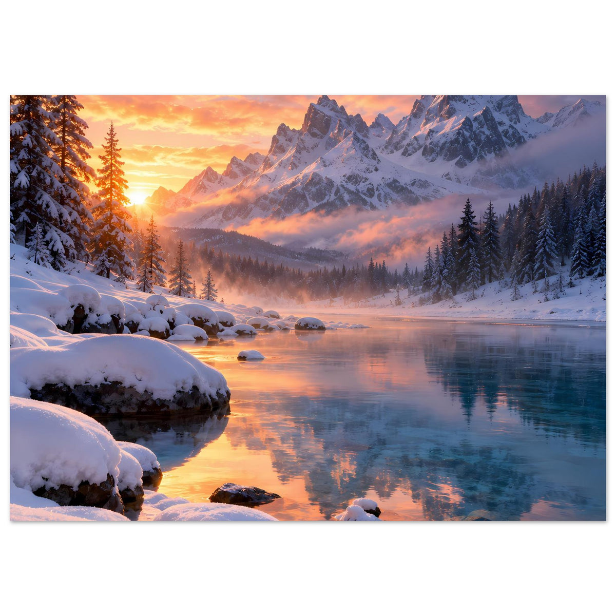 Winterlandschafts-Poster mit verschneiten Felsen am Ufer, Tannenwald und hohen Berggipfeln