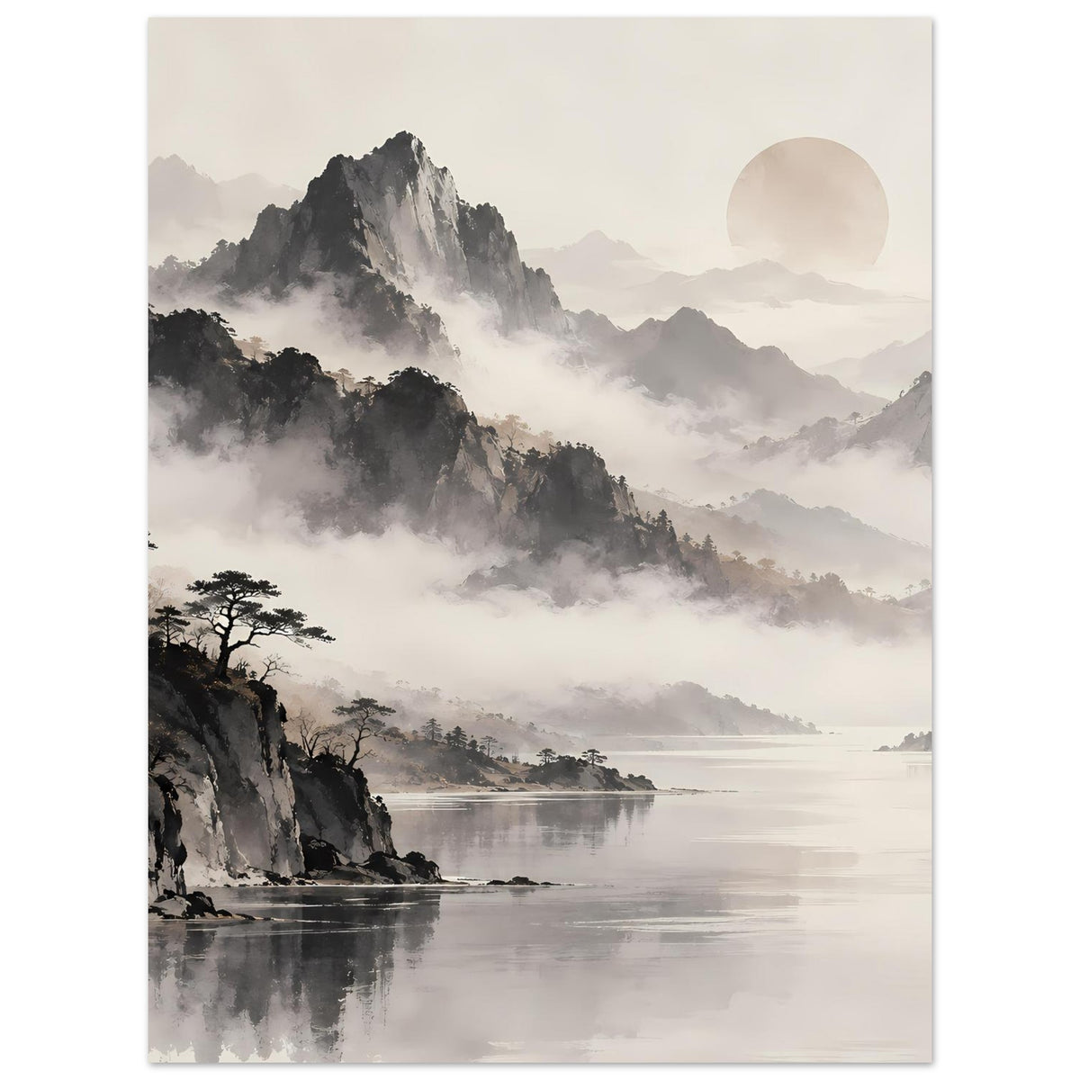 Hochformat-Poster mit Schwarzweiß-Berggipfeln im Nebel, Seeufer und rundem Mond