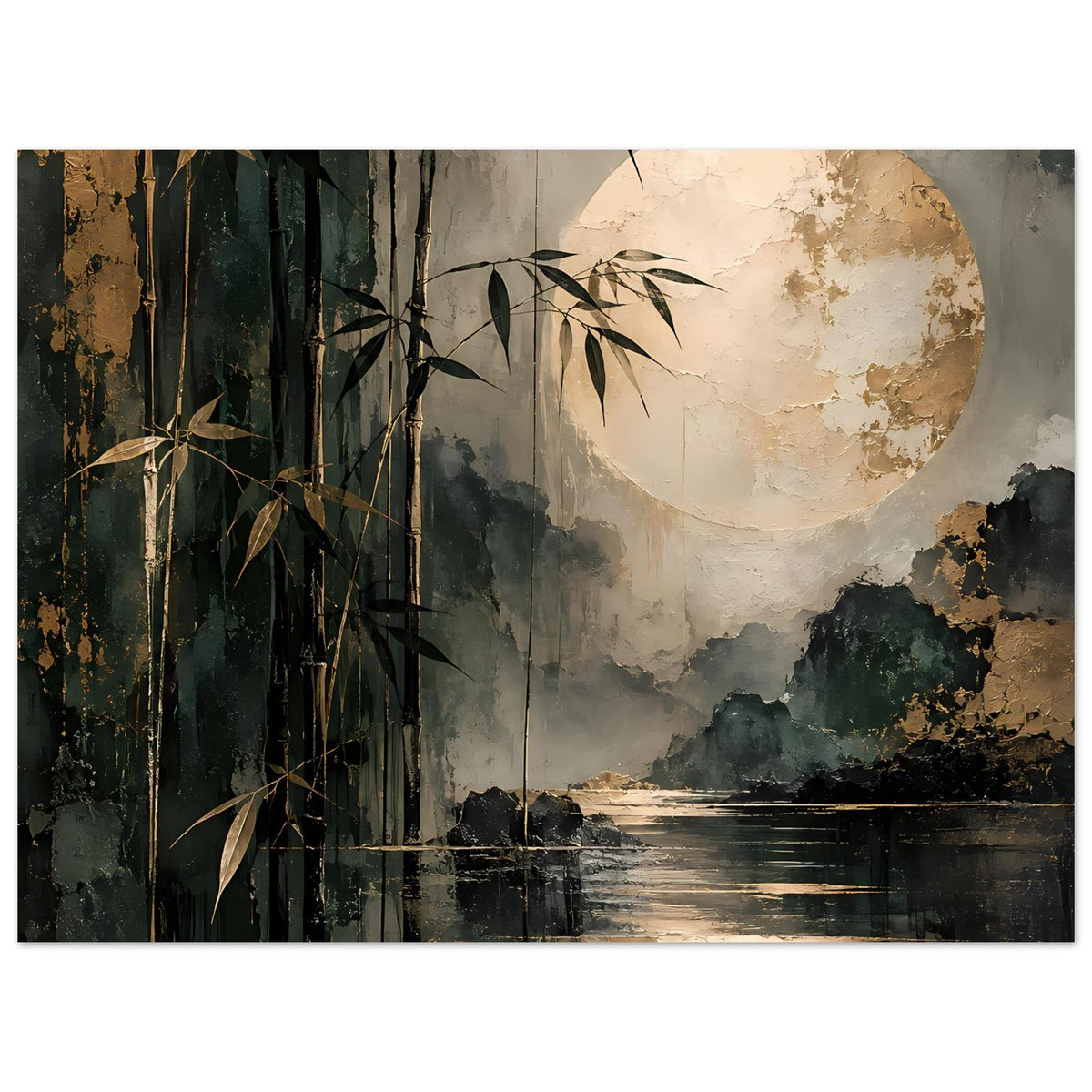 Naturposter: Bambus und Mond über Bergen, dunkle Wellenfläche mit goldenen Reflexionen