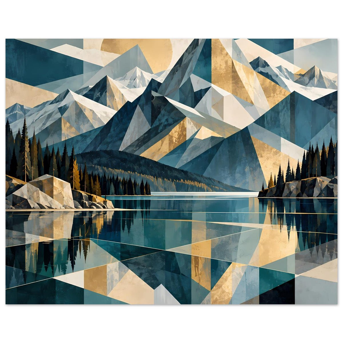 Kunstposter mit geometrischen Bergen, Tannen am Seeufer und klaren Linien in Blau/Beige