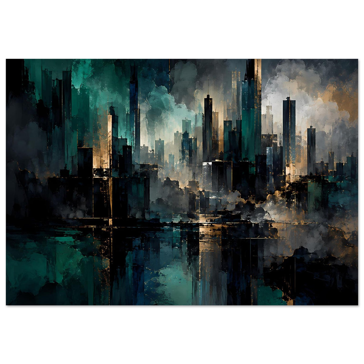 Abstraktes Skyline-Poster mit Hochhäusern, grauen Nebelflächen und türkisfarbenem Hintergrund