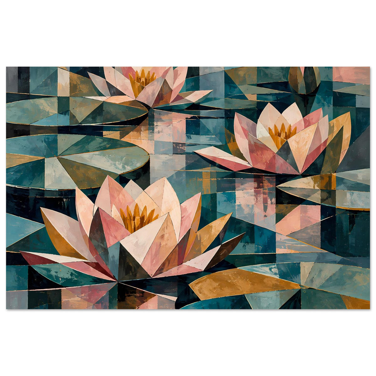 Geometrisches Seerosenblumenposter, Seerosen in Pastell und Petrol, Querformat