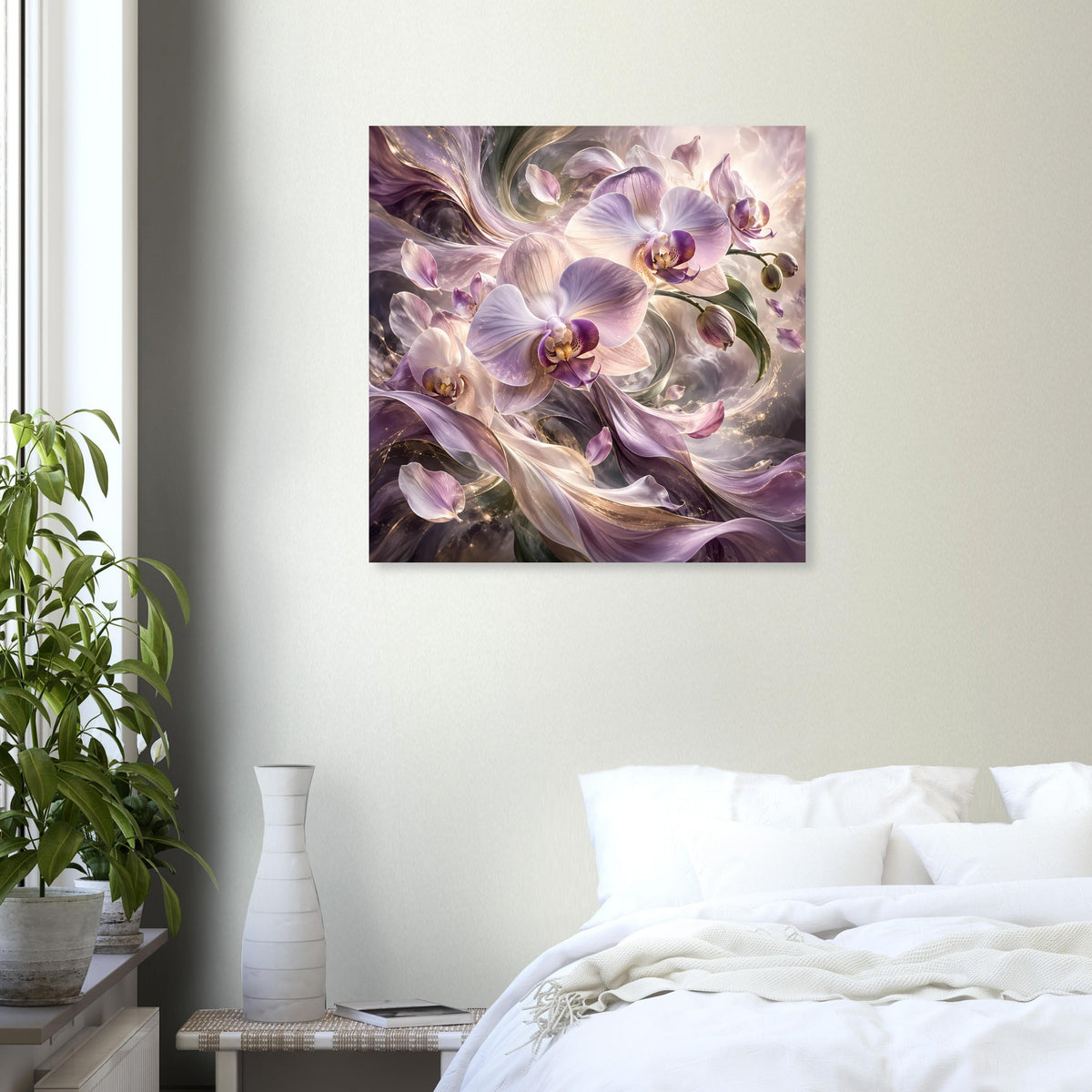 Blumenposter mit violetten Orchideenblüten in Creme- und Lilatönen, detailreiches Blumenmotiv