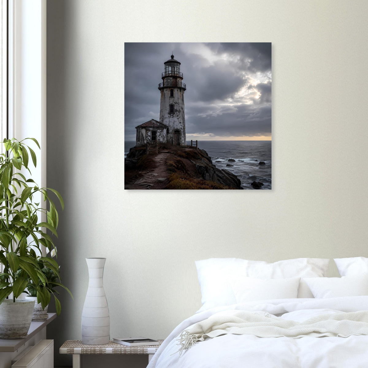 Leuchtturm-Poster mit Leuchtturm und Felsen am Meer bei wechselndem Himmel