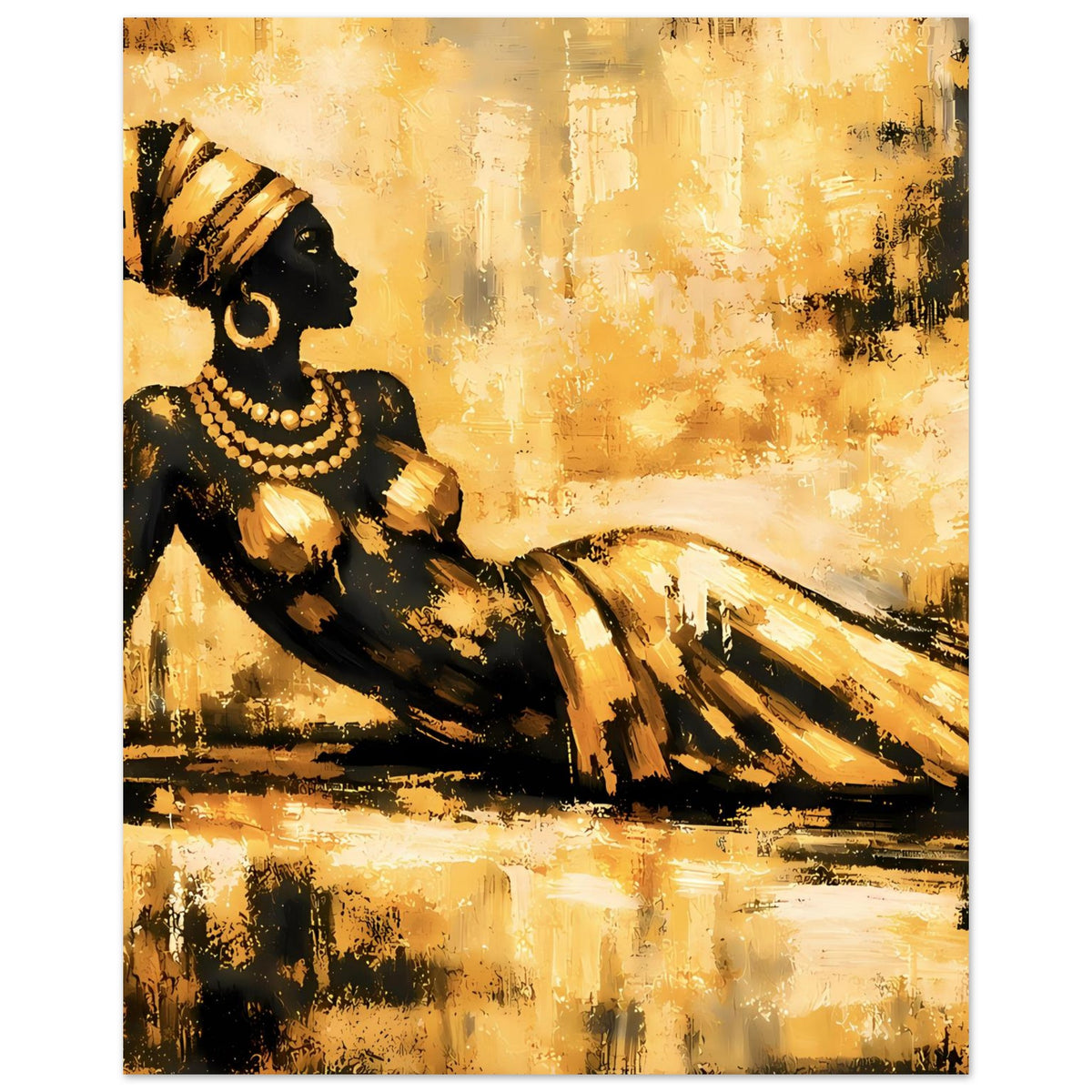 Kunstposter mit sitzender Frau, schwarzes Figurdetail und goldene Streifen, abstrakt gemalt