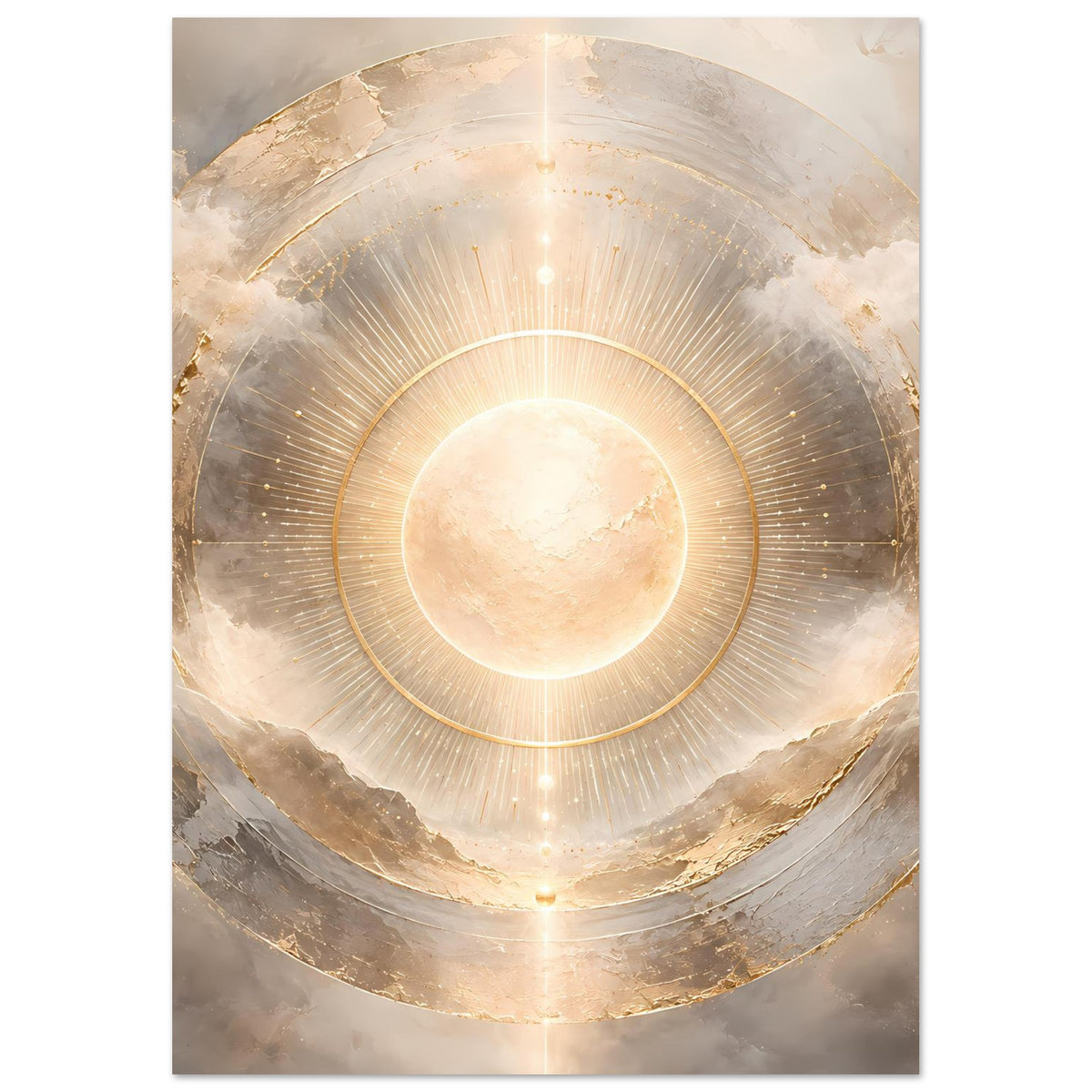 Kosmos-Poster mit goldenen Konturen, leuchtender Sonne im Zentrum und Strahlenkranz