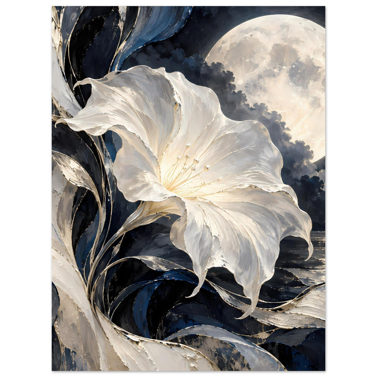 Blumenposter: weiße Blüte mit goldenen Staubfäden, große Mondsichel und dunkle Wolken