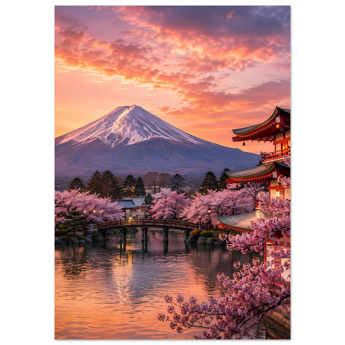 Poster mit Fuji-Berg, Kirschblütenzweigen und Tempel rechts im Sonnenlicht