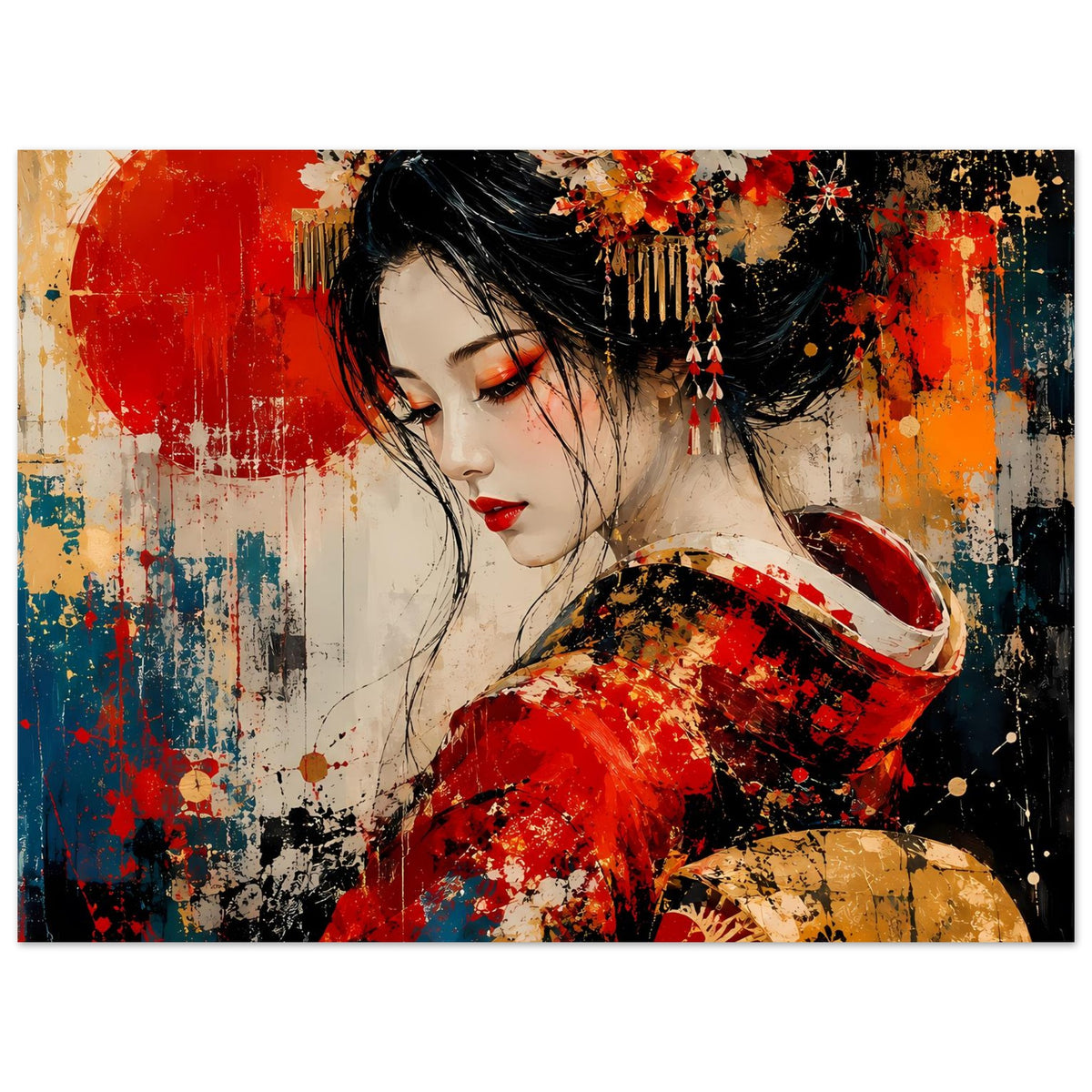 Poster im Querformat: Geisha im roten Kimono, Gesicht im Fokus, dekoratives Haaraccessoire.