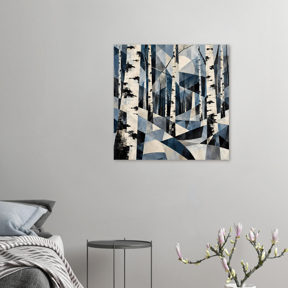 Abstraktes Naturposter in Blau: Birkenwald-Formen mit geometrischem Dreiecksverlauf