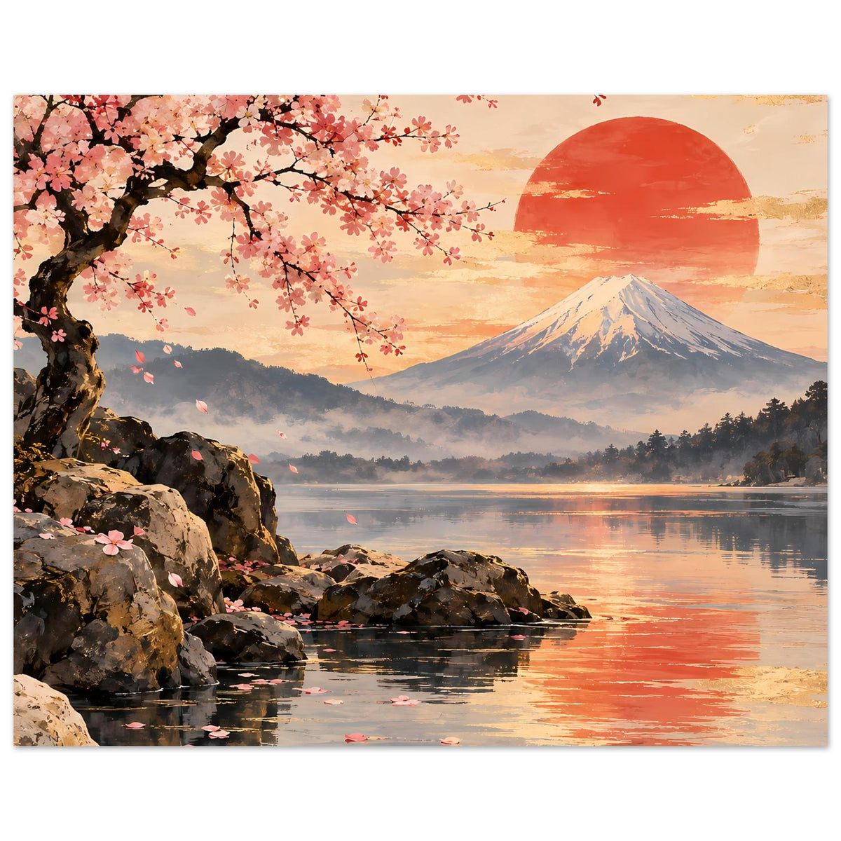 Kirschblüten-Poster: Kirschblütenzweig über Felsen am Seeufer, roter Sonnenkreis und Berg