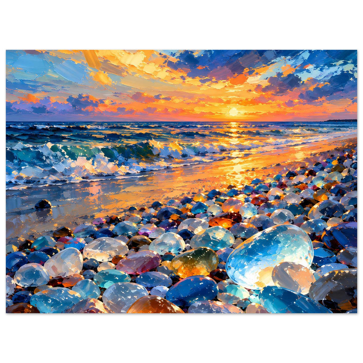 Querformatiges Poster mit Sonnenuntergang, Meereslinie und bunten Kieselsteinen am Ufer