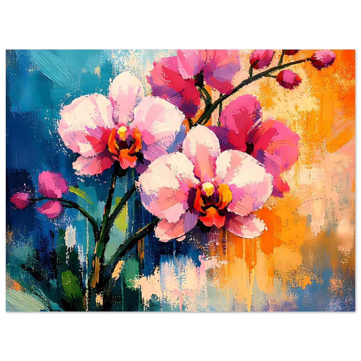 Horizontales Blumenposter mit abstraktem Orchideenstrauß in Rosa, Orange, Blau und Grün