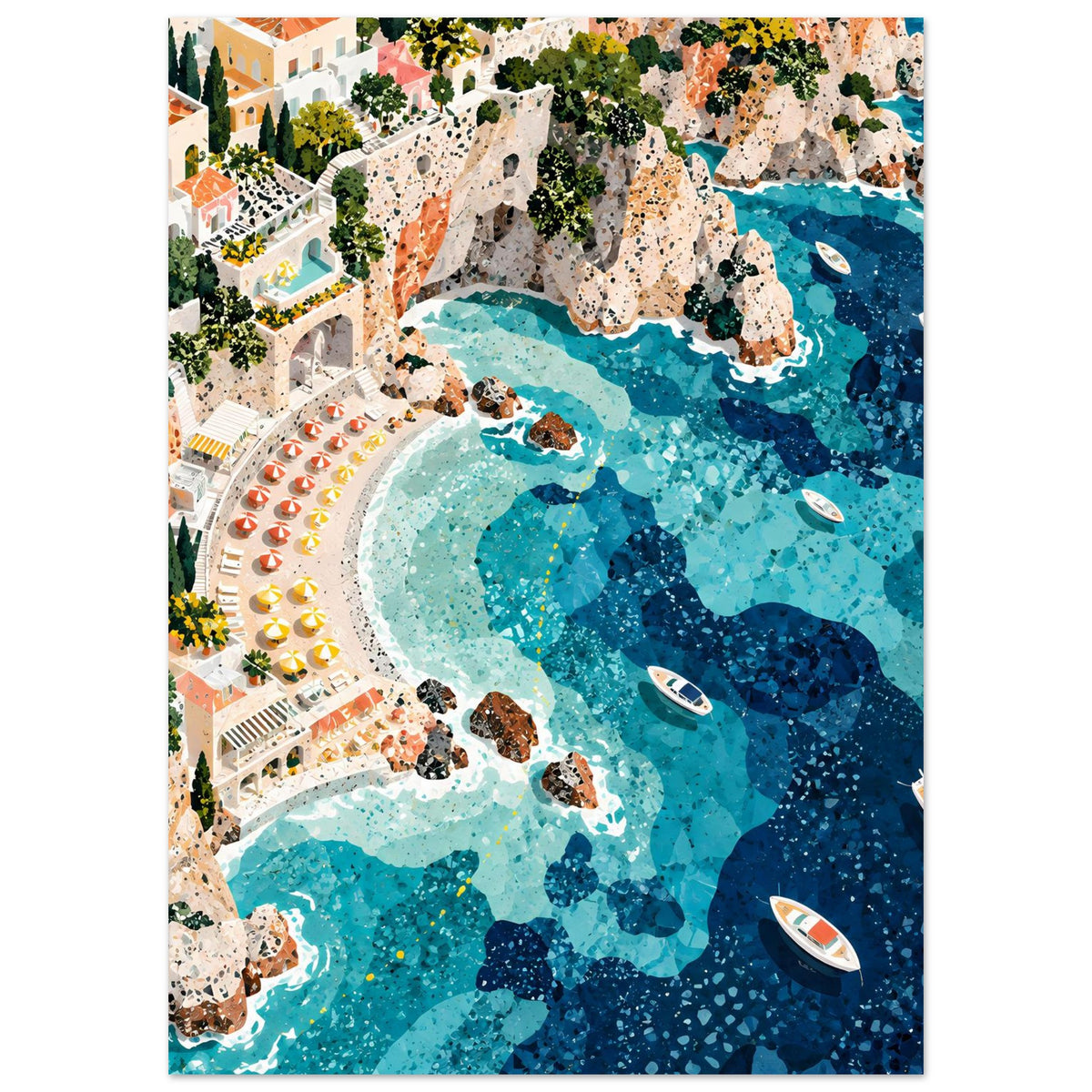 Mediterrane Küstenlandschaft mit Villen, sonnigen Felsklippen und türkisblauem Meer in Mosaikoptik – Posteransicht 6