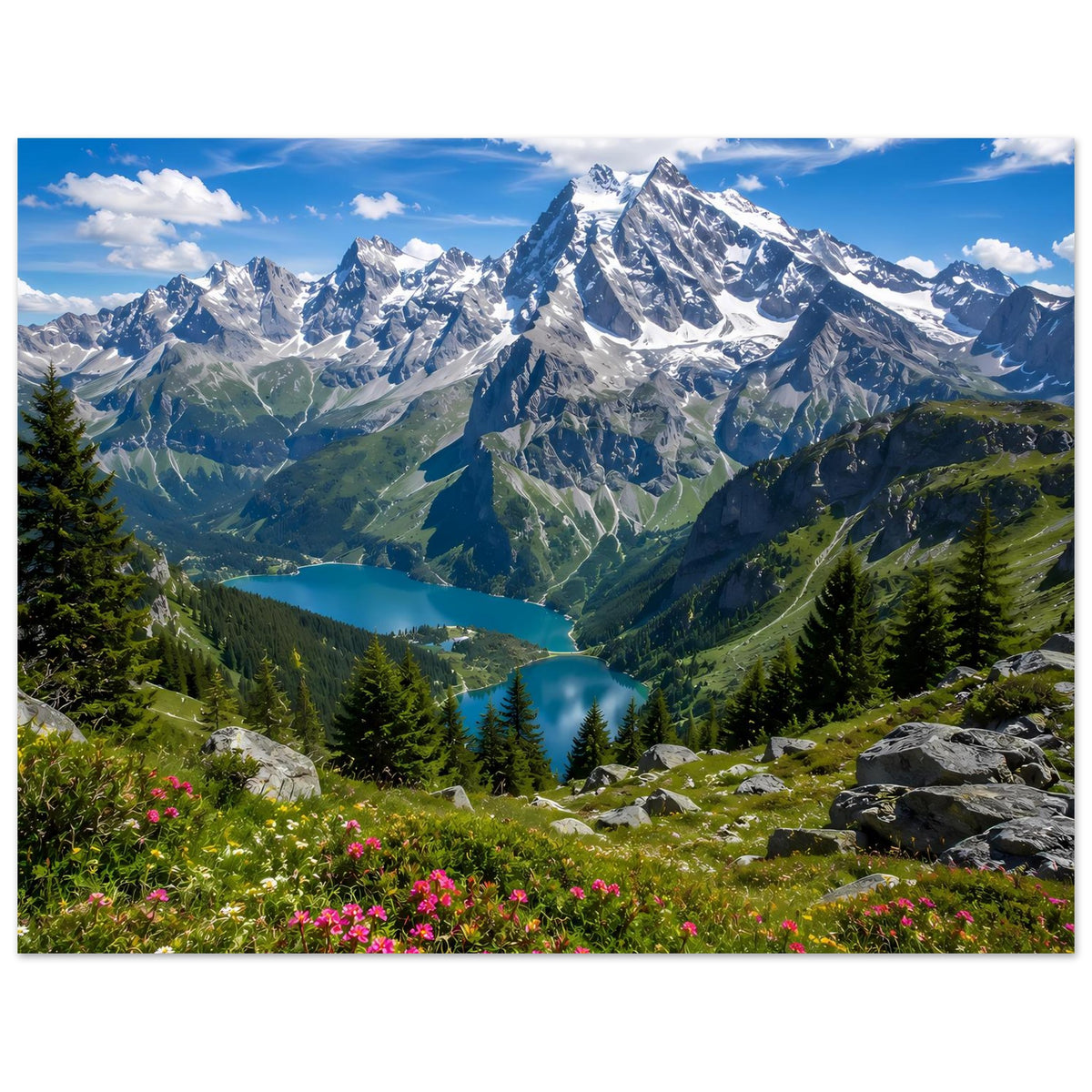 Alpenposter mit schneebedeckten Gipfeln, Tal und See, Blumenwiese, Hochformat