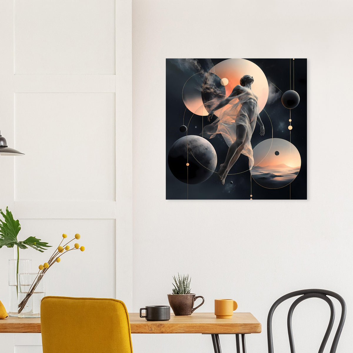 Quadratisches Poster im schwarzen Rahmen mit abstrakter Personensilhouette und kreisförmigen Planeten
