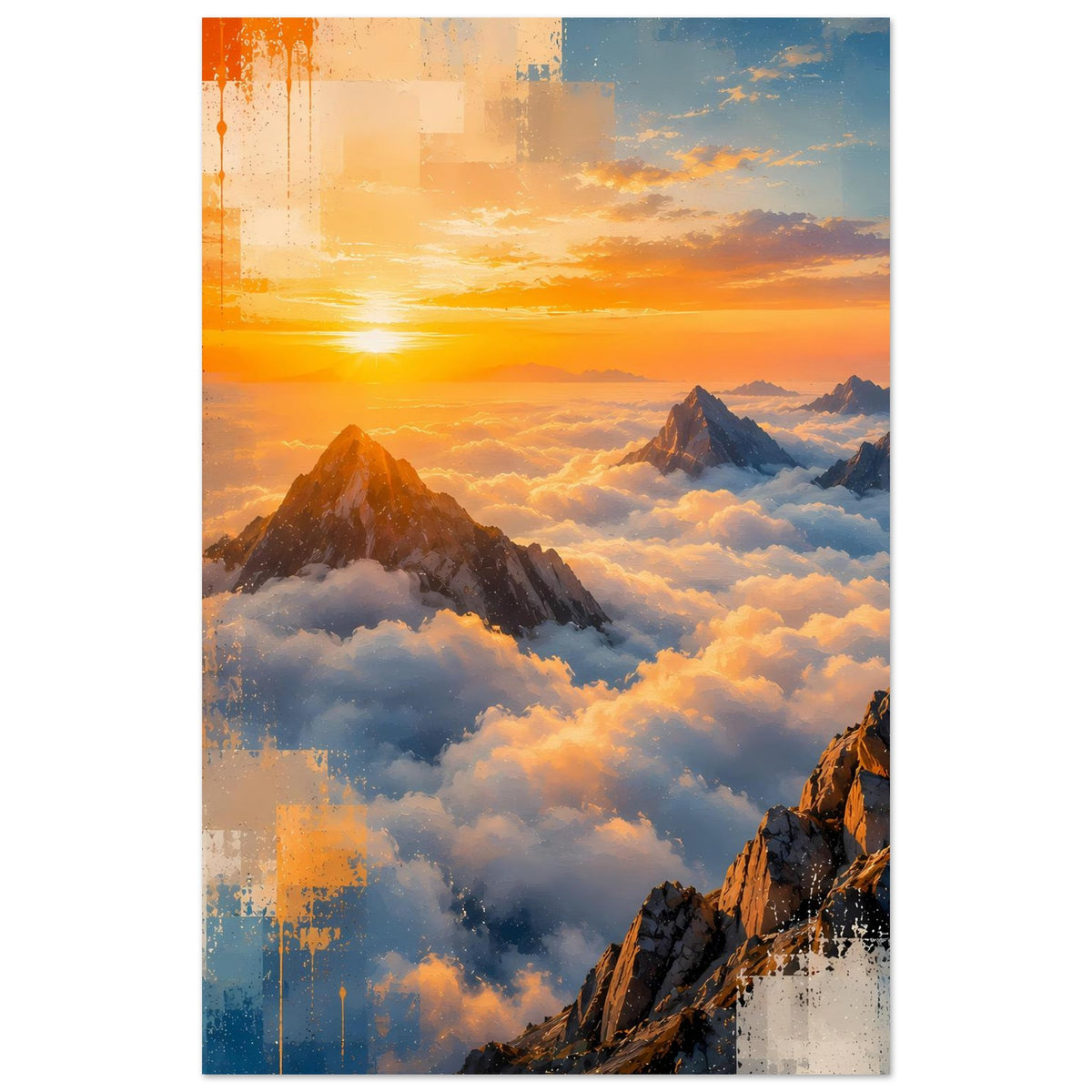 Vertikales Poster mit Sonnenaufgangsstimmung: Berge, Wolkenmeer und orange-gelber Himmel.