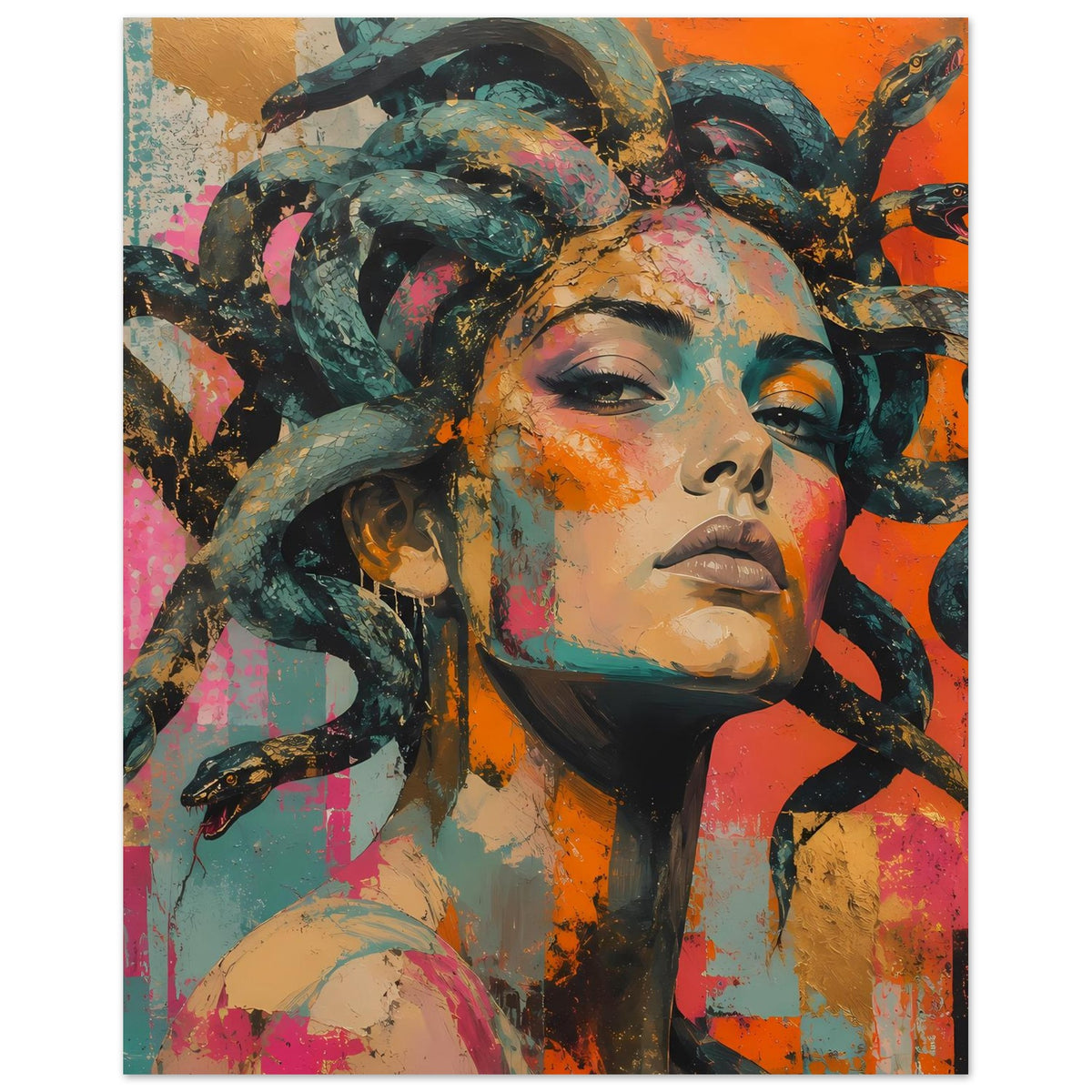 Poster mit Medusa-Porträt, Schlangenhaar in leuchtenden Farben, Blick im Halbprofil