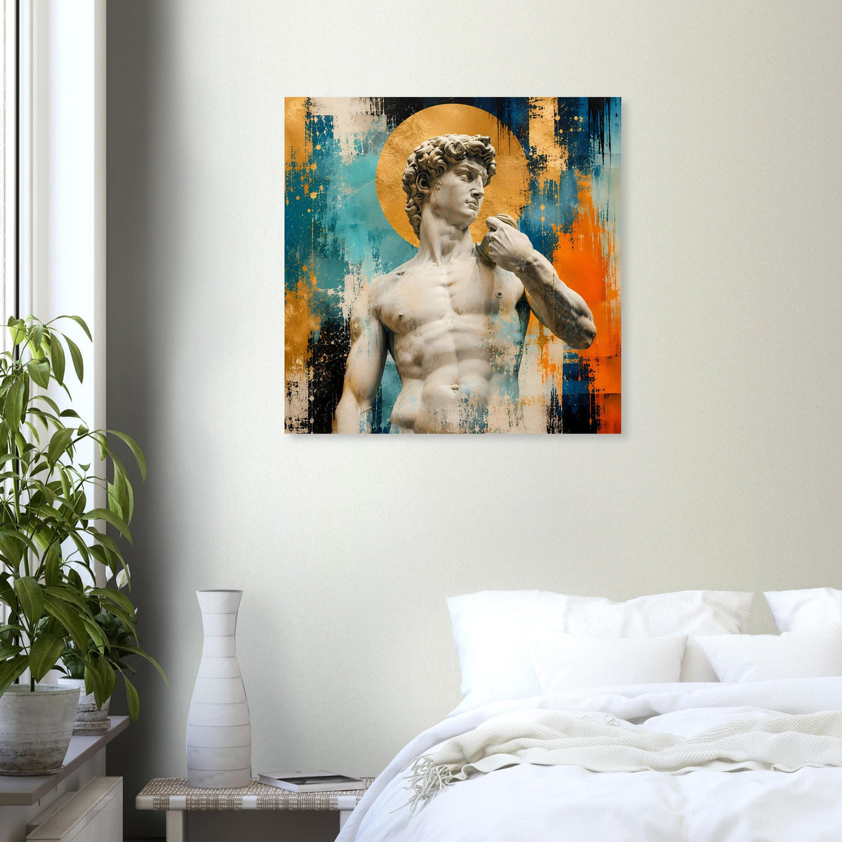 Poster: David-Skulptur im goldenen Kreis, farbige Sprenkel im Hintergrund