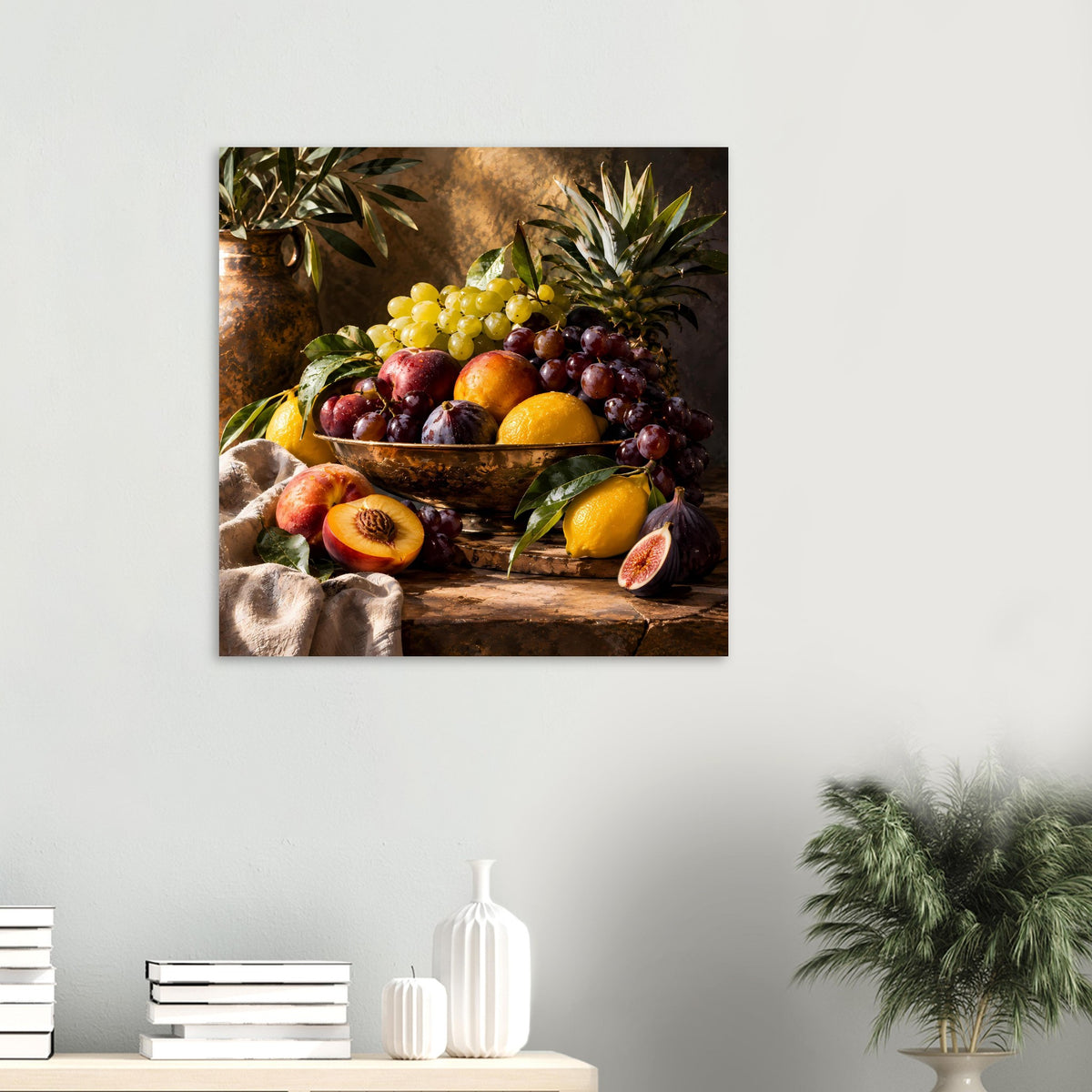 Stillleben-Poster mit Obstschale: Trauben, Pfirsiche und Zitrusfrüchte