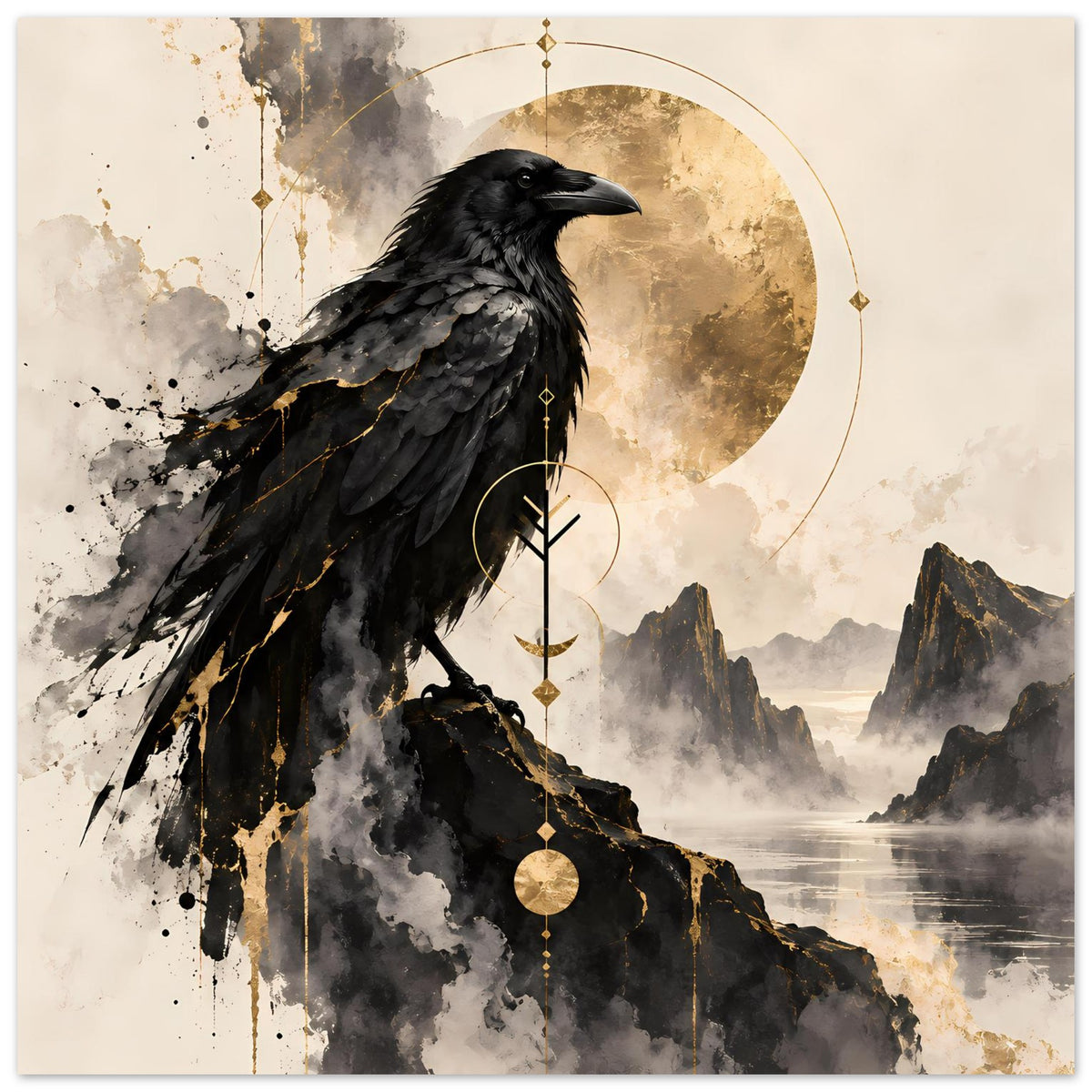 Vogelkunst-Poster mit schwarzem Rabenmotiv, goldener Mondscheibe und Kettenornamenten