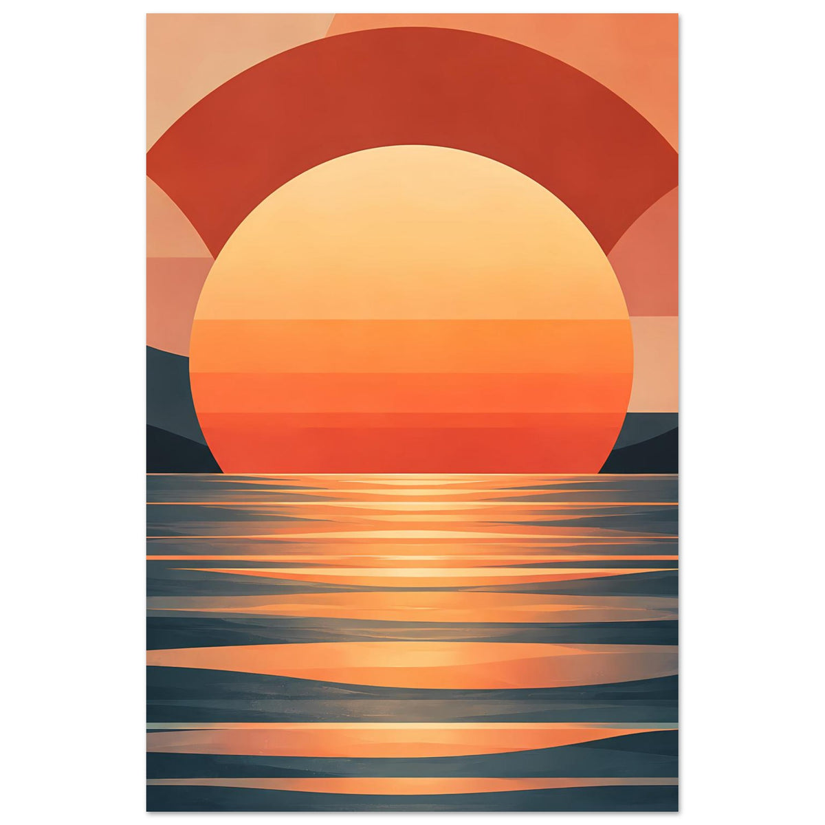 Gerahmtes Poster im Hochformat: Halbkreis-Sonne über Meer, warme Rot-Orange-Farbflächen