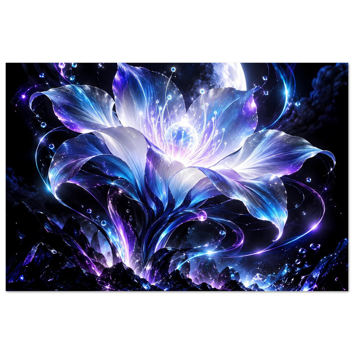 Gerahmtes Poster mit blauer lila Blüte, funkelnden Punkten und Mondsymbol im Hintergrund