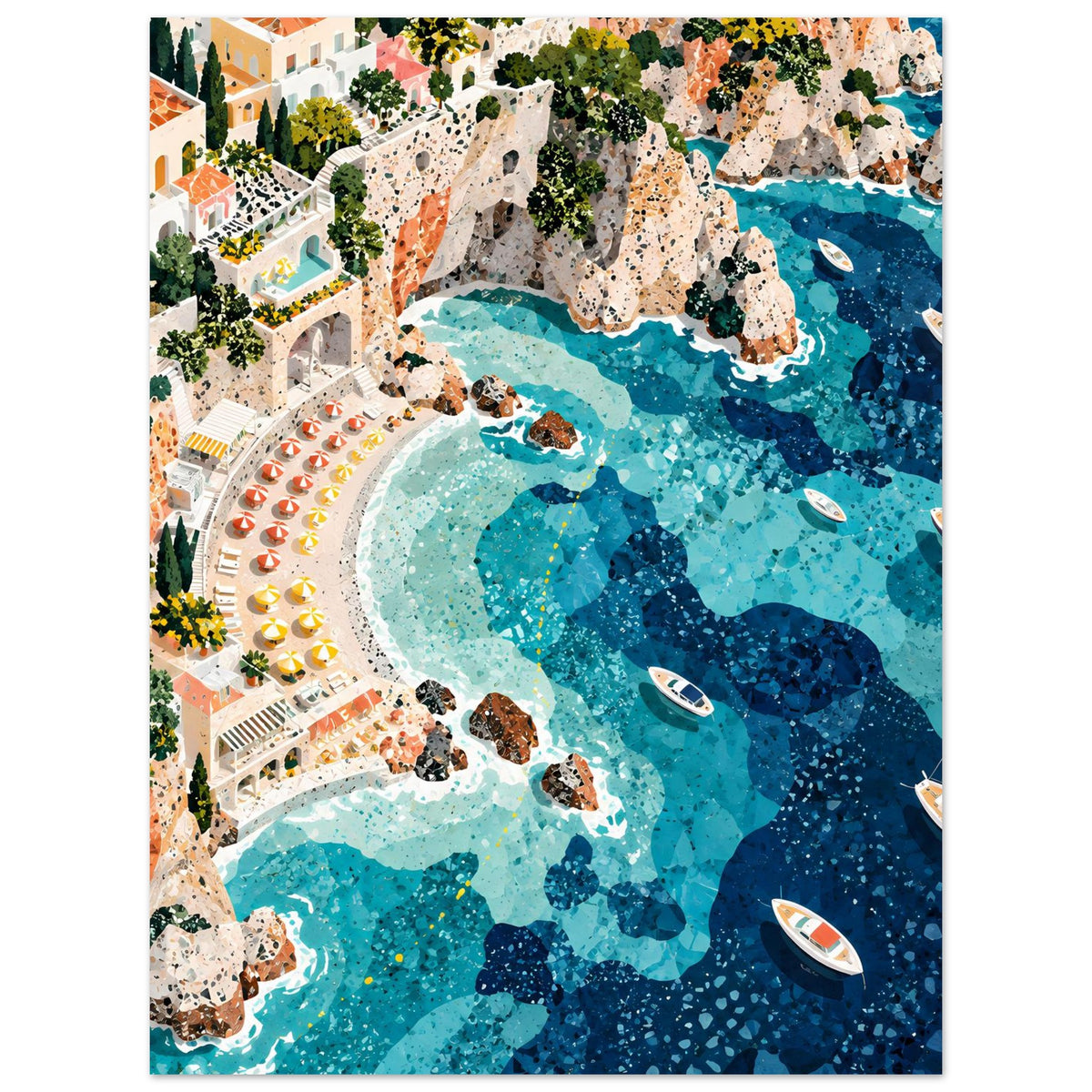 Mediterrane Küstenlandschaft mit Villen, sonnigen Felsklippen und türkisblauem Meer in Mosaikoptik – Posteransicht 35