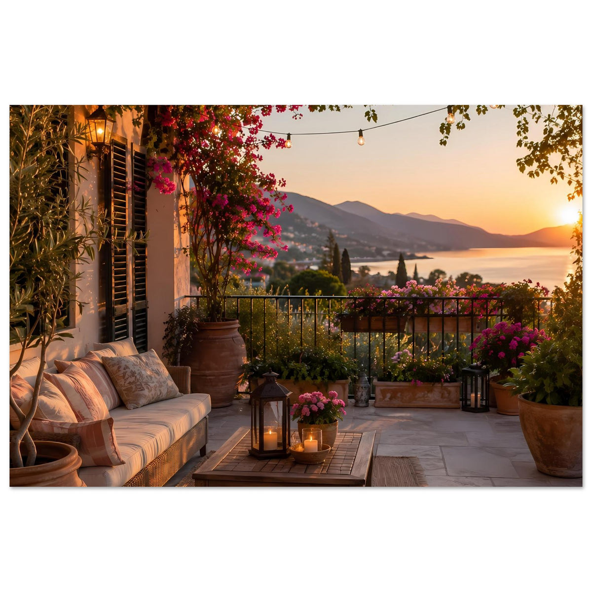 Sonnenuntergangs-Poster: Balkonterrasse mit Laterne, Holztisch und Blüten