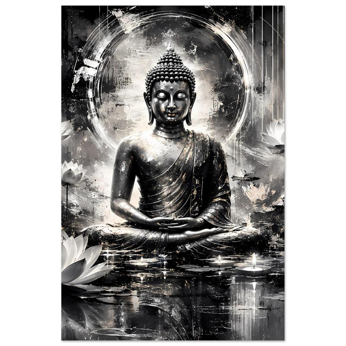 Kunstposter im Hochformat mit Buddha im Kreis, schwarzgrauer Look, meditierender Boden