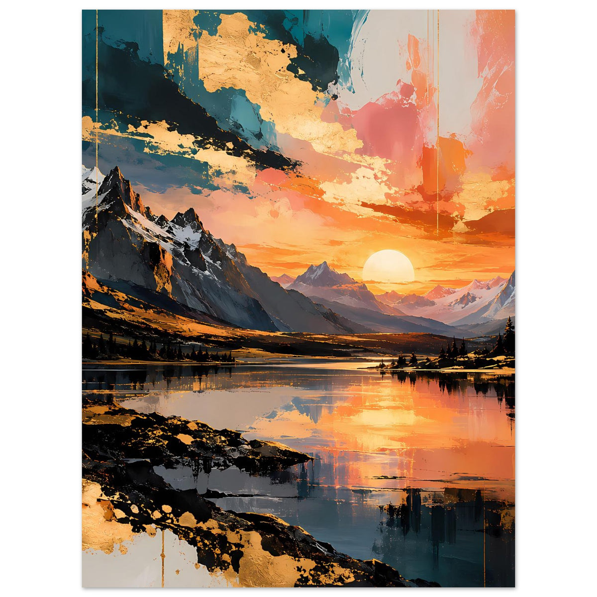 Poster im Hochformat mit Bergkulisse, ruhigem See und Sonne im Abendhimmel, orange und blau