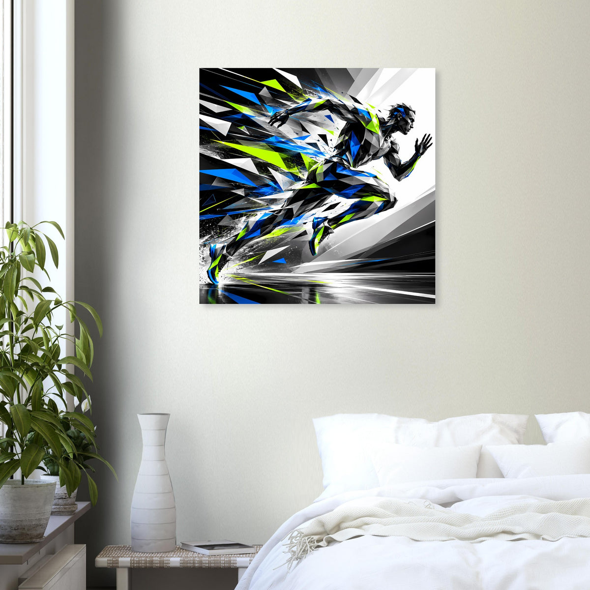 Gerahmtes Poster mit laufender Silhouette, blau-schwarz gestreift und Neongrün-Akzenten.