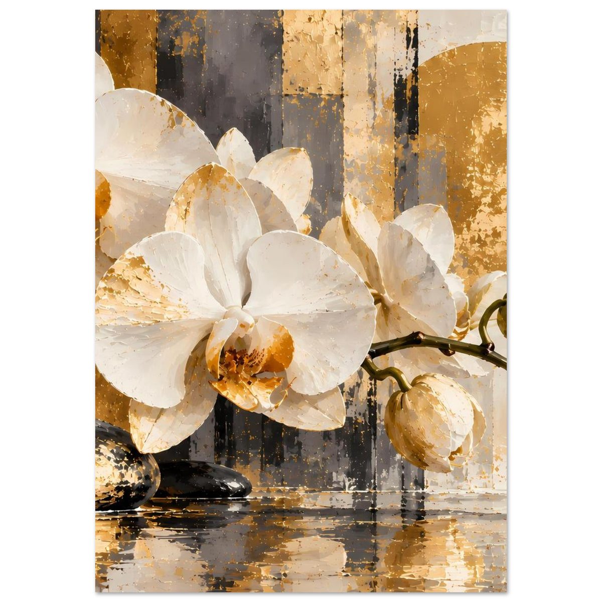 Orchideen-Poster: weiße Blüten mit goldfarbenen Zentren und dekorativen Stein-Elementen