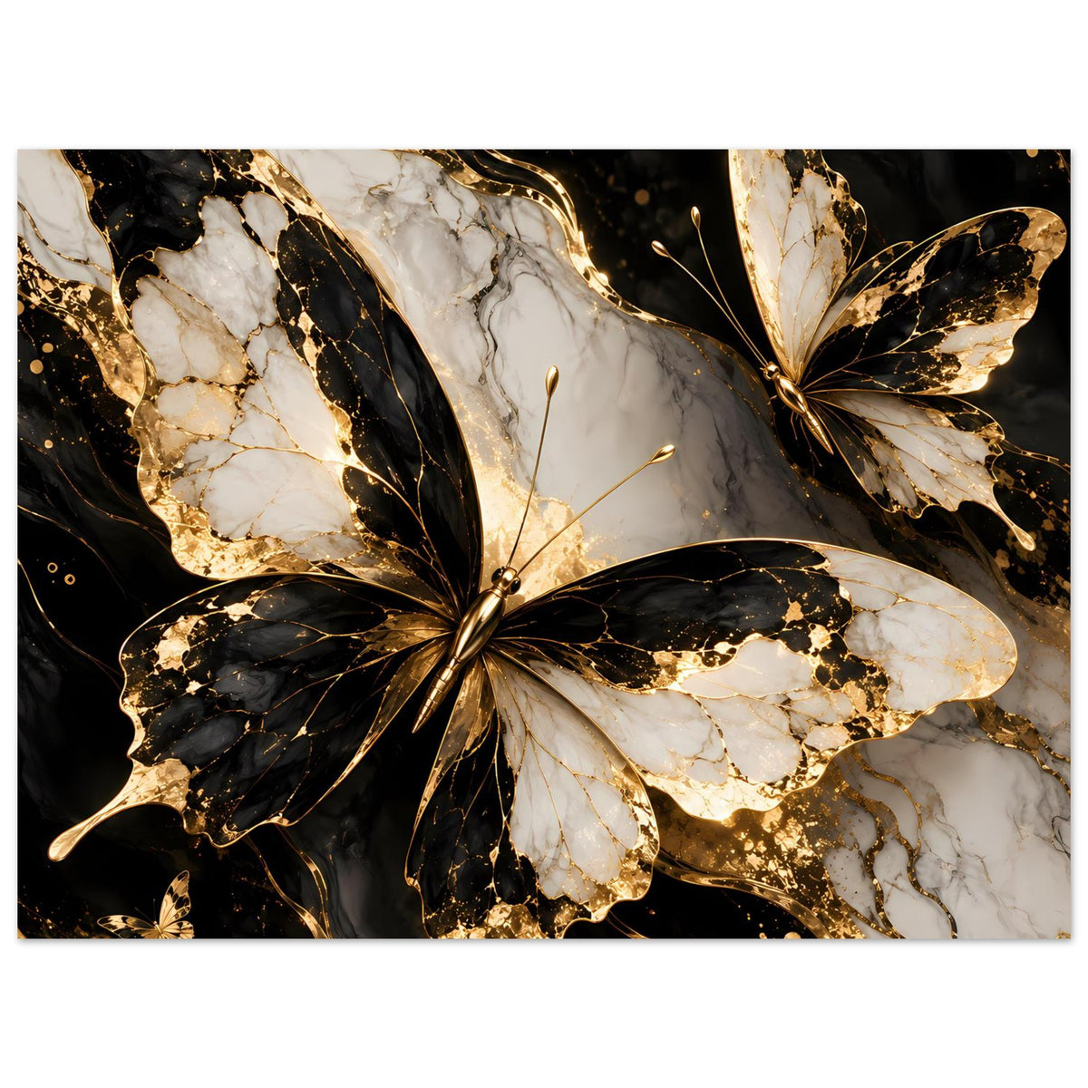 Naturposter im Close-up: Schmetterling-Motiv mit goldenen Konturen auf Marmoroptik