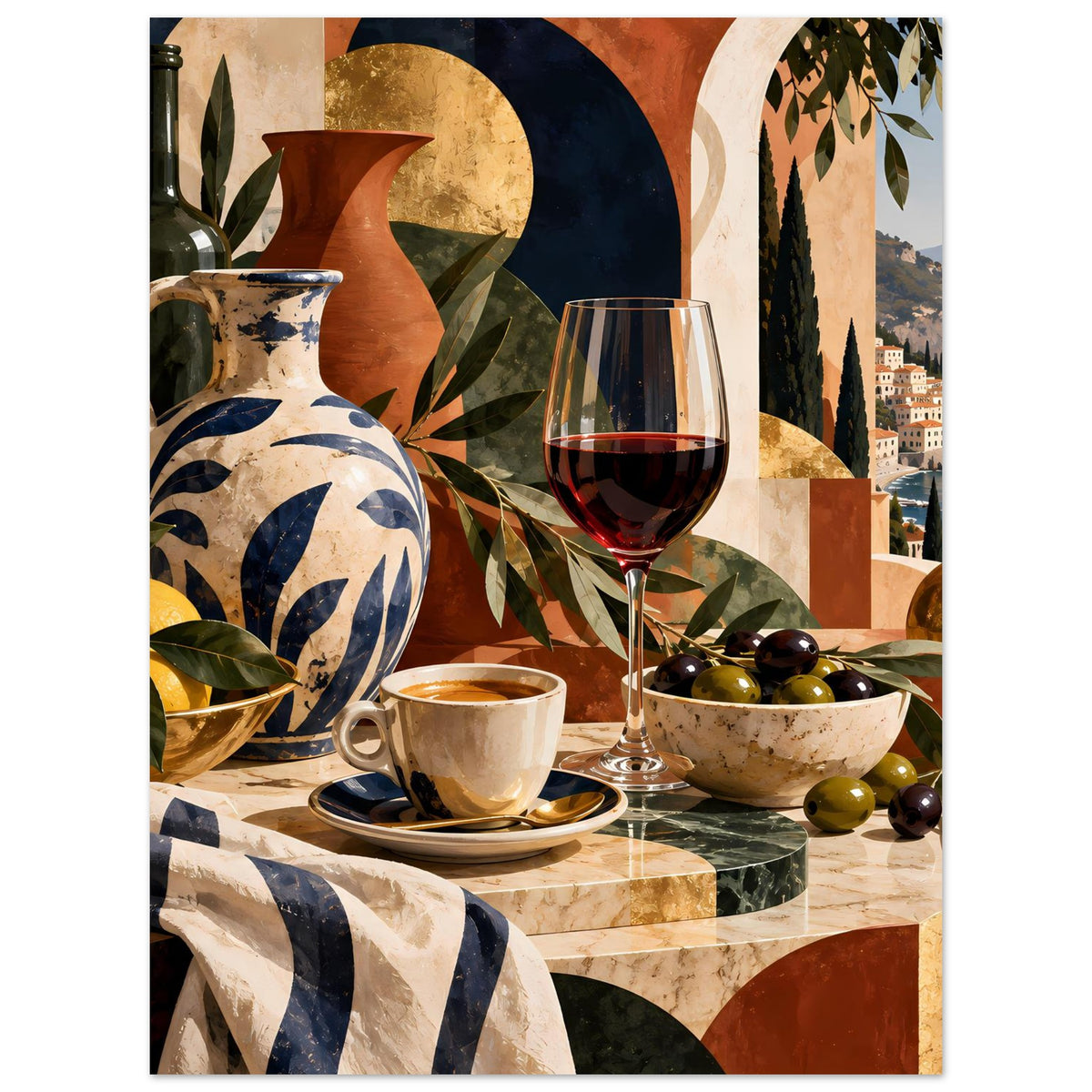 Poster mit mediterraner Tafel: Vase, Weinglas, Tasse auf Steinpodest und Schale mit Oliven