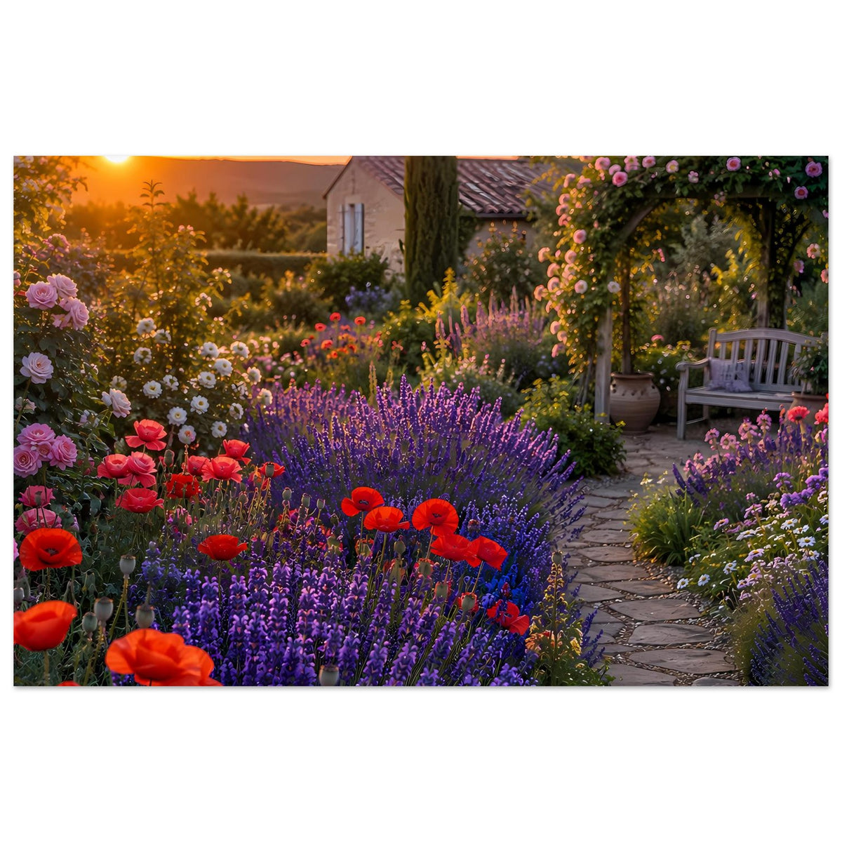 Poster mit blühendem Gartenweg bei Sonnenuntergang, viele Lavendel- und rote Blüten