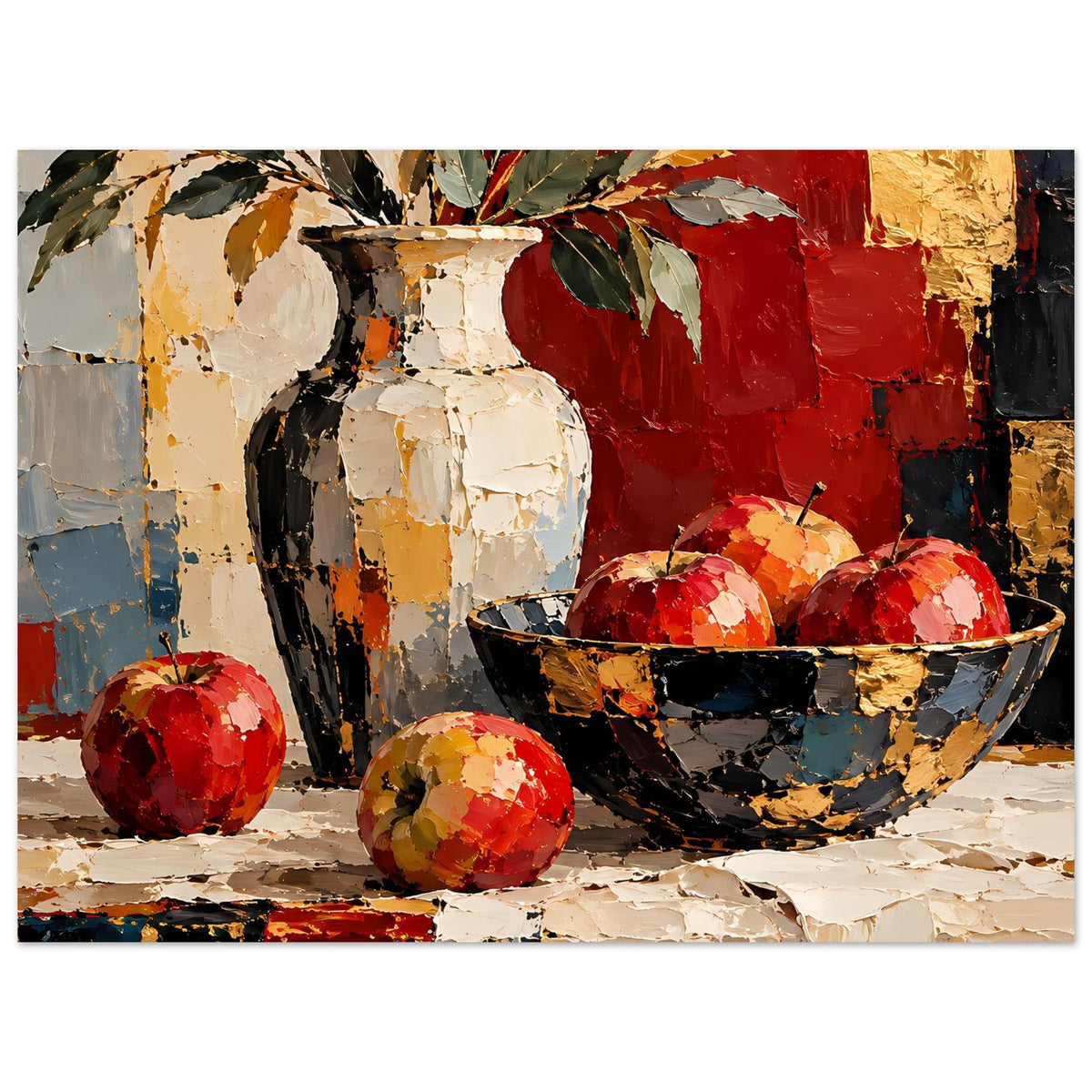 Kunstposter Stillleben: weiße Vase, schwarze Obstschale mit roten Früchten, Erdtöne