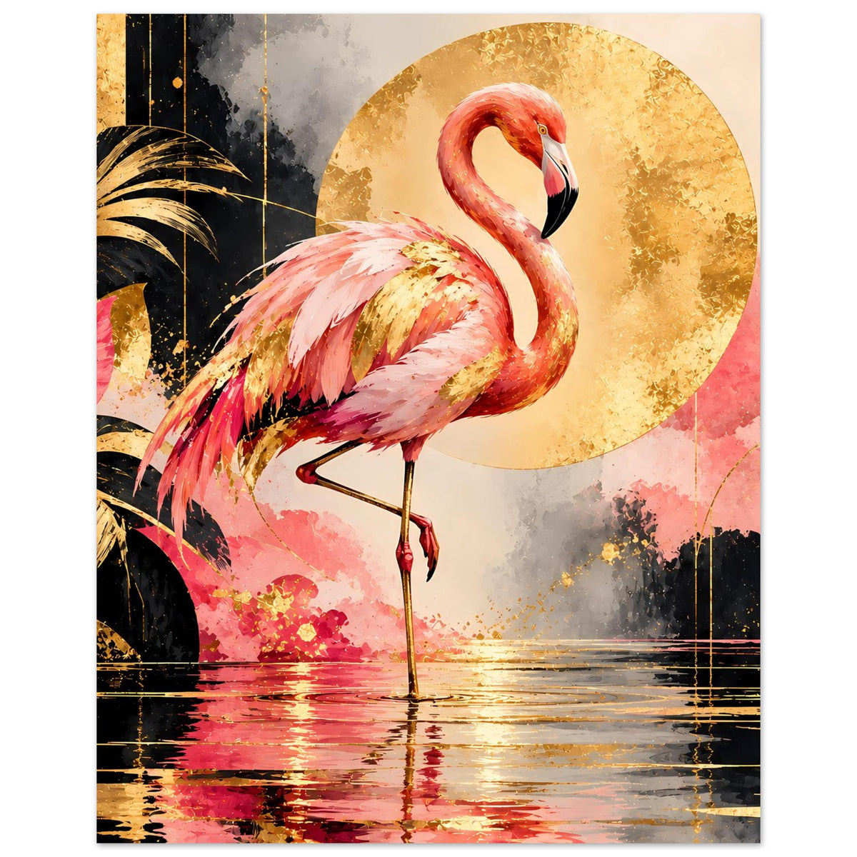 Tierposter mit Flamingo in Pink und goldenen Akzenten, goldener Kreis im Bild
