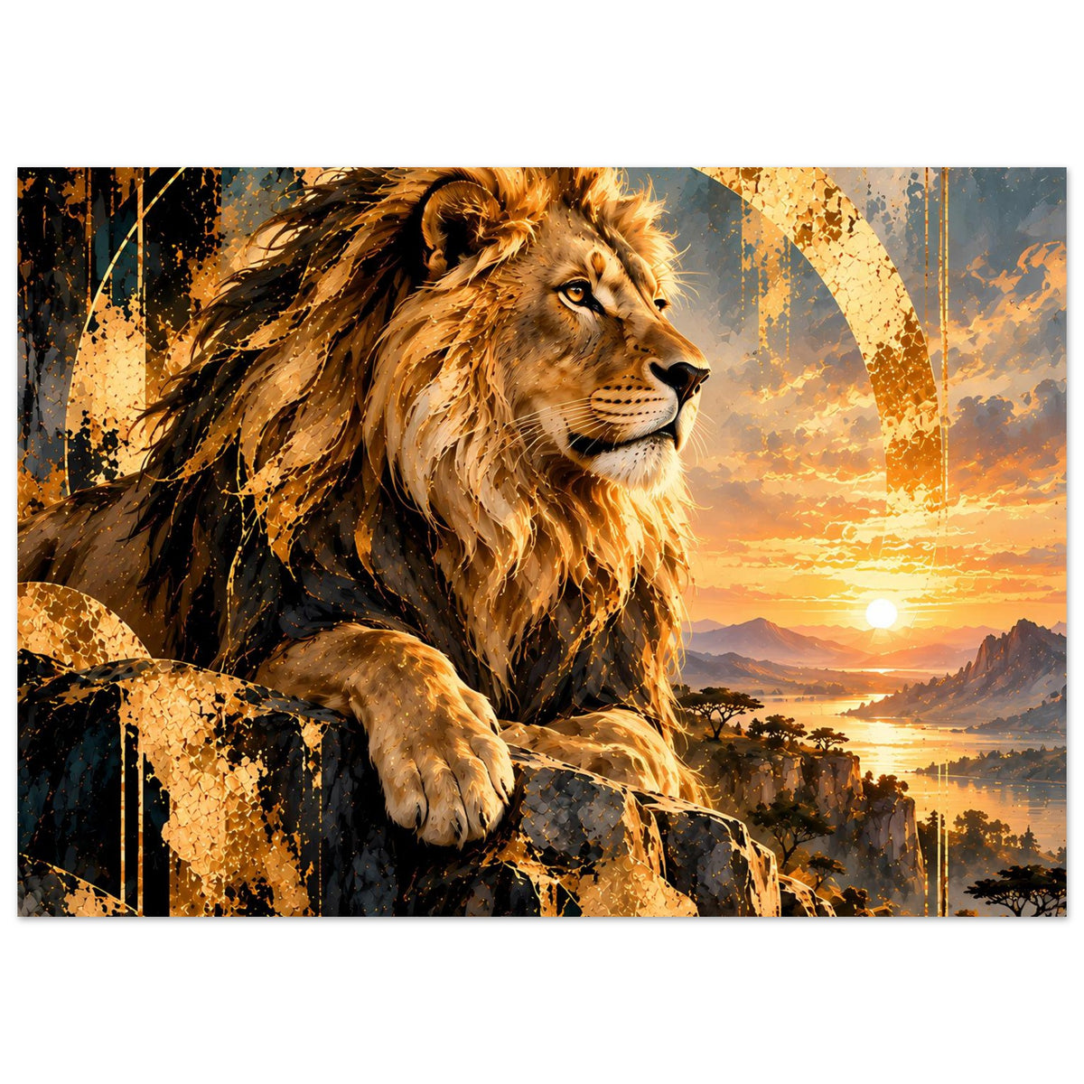 Löwen-Poster: Nahansicht eines brüllenden Löwen mit goldenem Fell, Sonnenuntergang