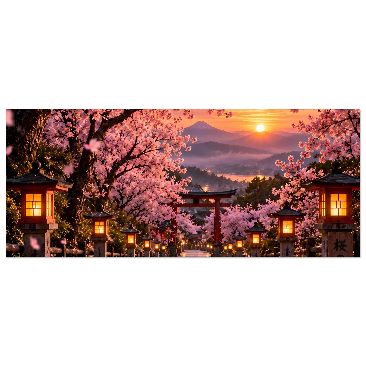 Sakura-Poster im Querformat mit Torii, Kirschblüten und warmem Abendhimmel