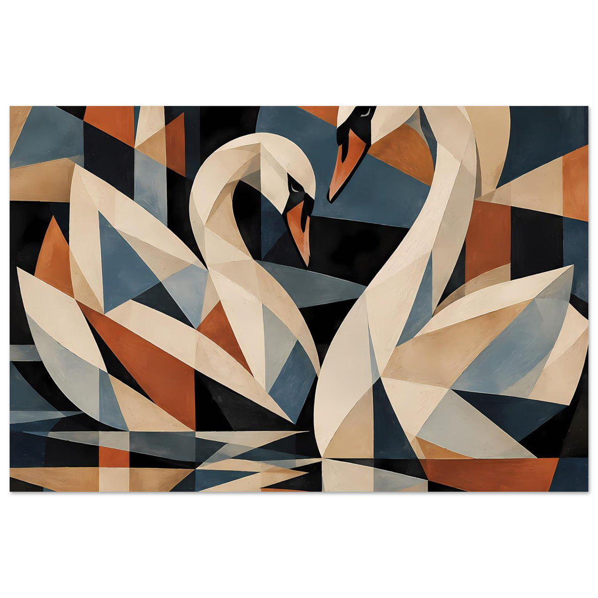 Kubistisches Schwanen-Poster mit abstraktem Schwan, diagonalen Flächen in Blau, Beige und Braun