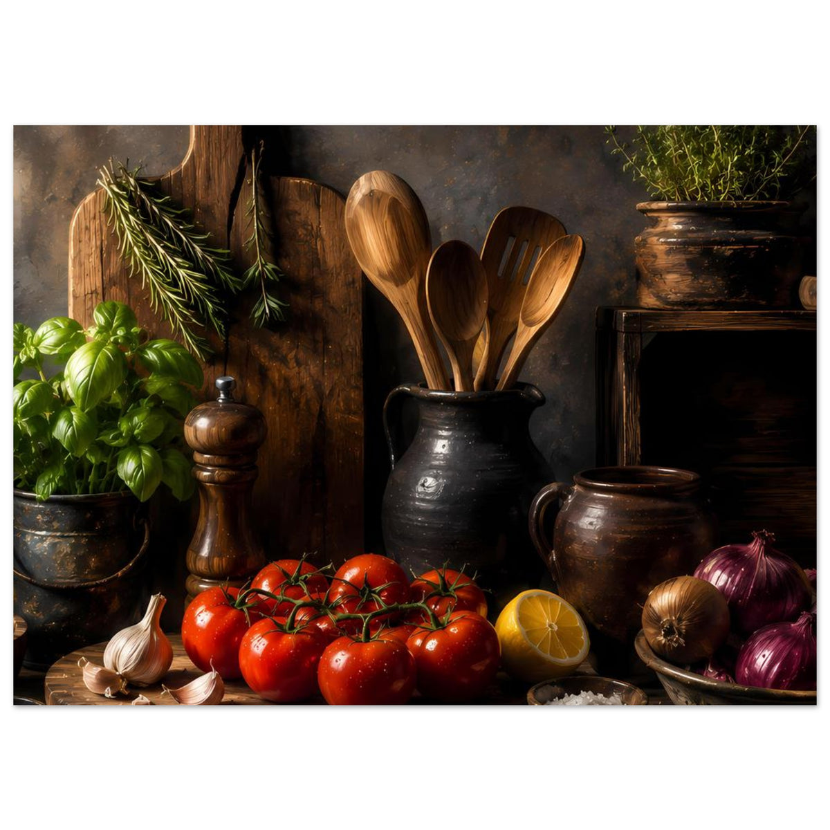 Küchen-Still-Life Poster: Tomaten, Holzlöffel im Topf und Kräuter in Tontöpfen, horizontal