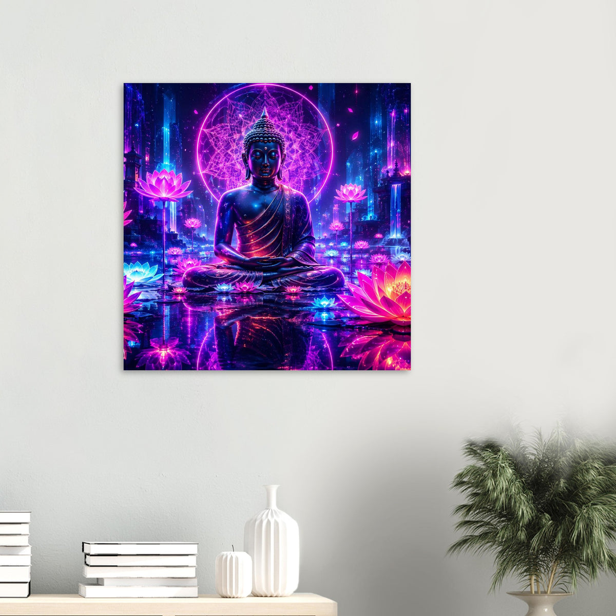 Neonfarbiges Poster mit sitzendem Buddha und leuchtenden Lotusblüten im Kreis