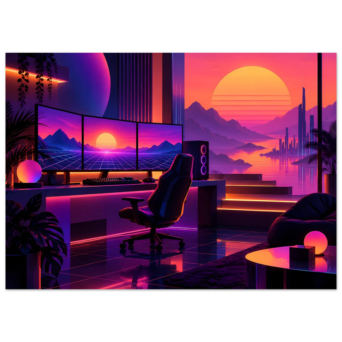 Neon-Retro-Poster mit futuristischem Aussichtspunkt, Sonnenuntergang und Leuchtlinien im Raum