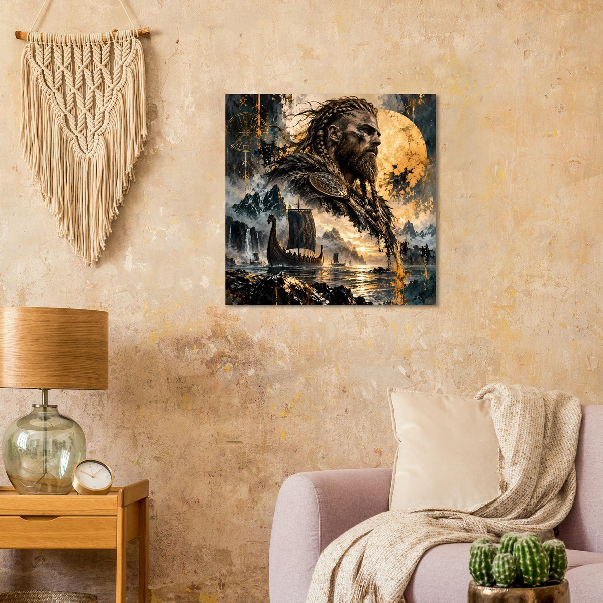 Horizontales Poster: Wikingerkrieger mit Fellumhang und goldener Dämmerung