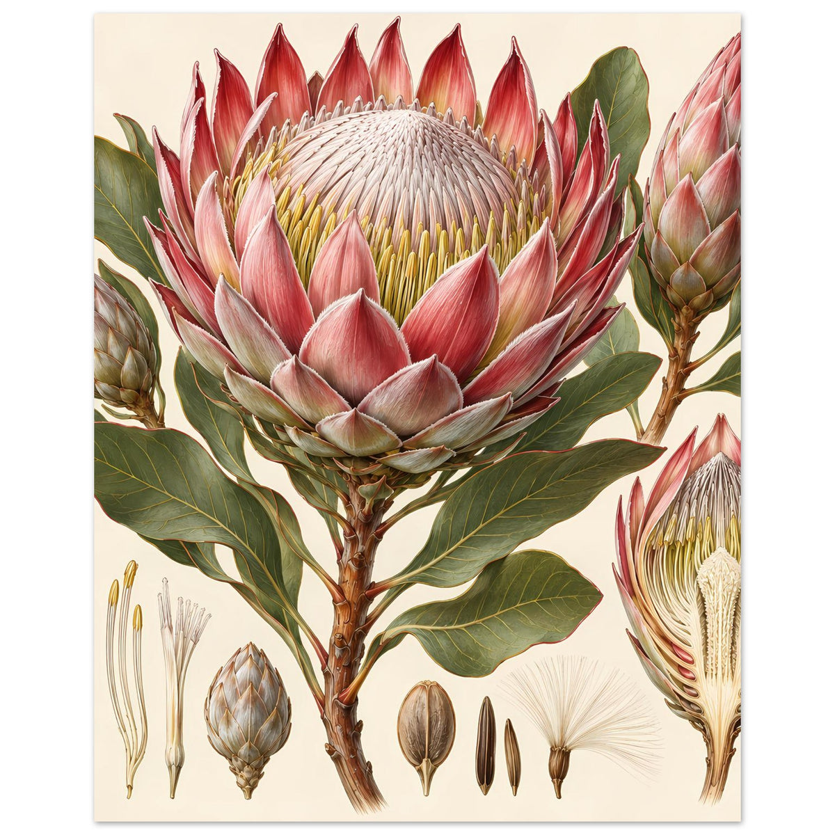 Blumenposter mit Protea-Blüten und Details, aufgezogen auf mattem Papier, frontal