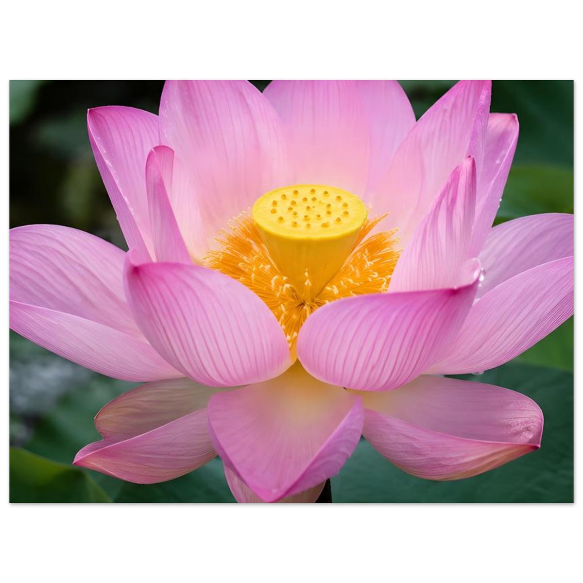 Poster: Nahansicht einer pinken Lotusblüte mit gelbem Zentrum im Rahmen
